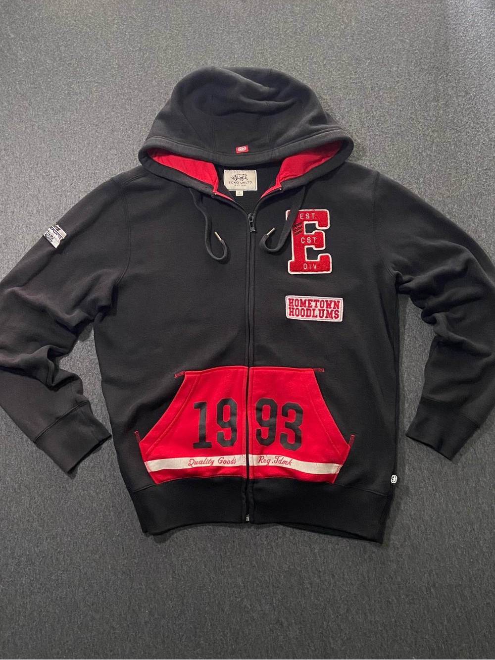 Vintage Ecko Unltd Full Zip Hoodie Mens Large Black Red Y2K Hometown Hoodlums